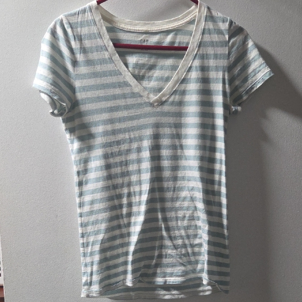 GAP Sky Blue and White Striped V-Neck T-Shirt